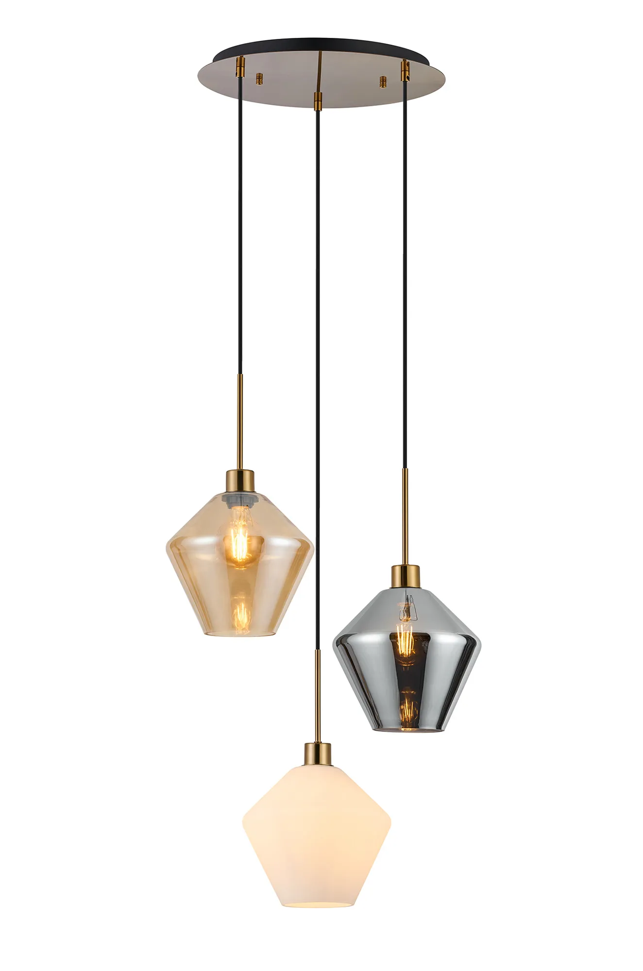 DK1374  Lori 40cm Round Pendant, 3 Light Adjustable E27, Satin Nickel/Amber/Chrome/Opal Diamond Shades